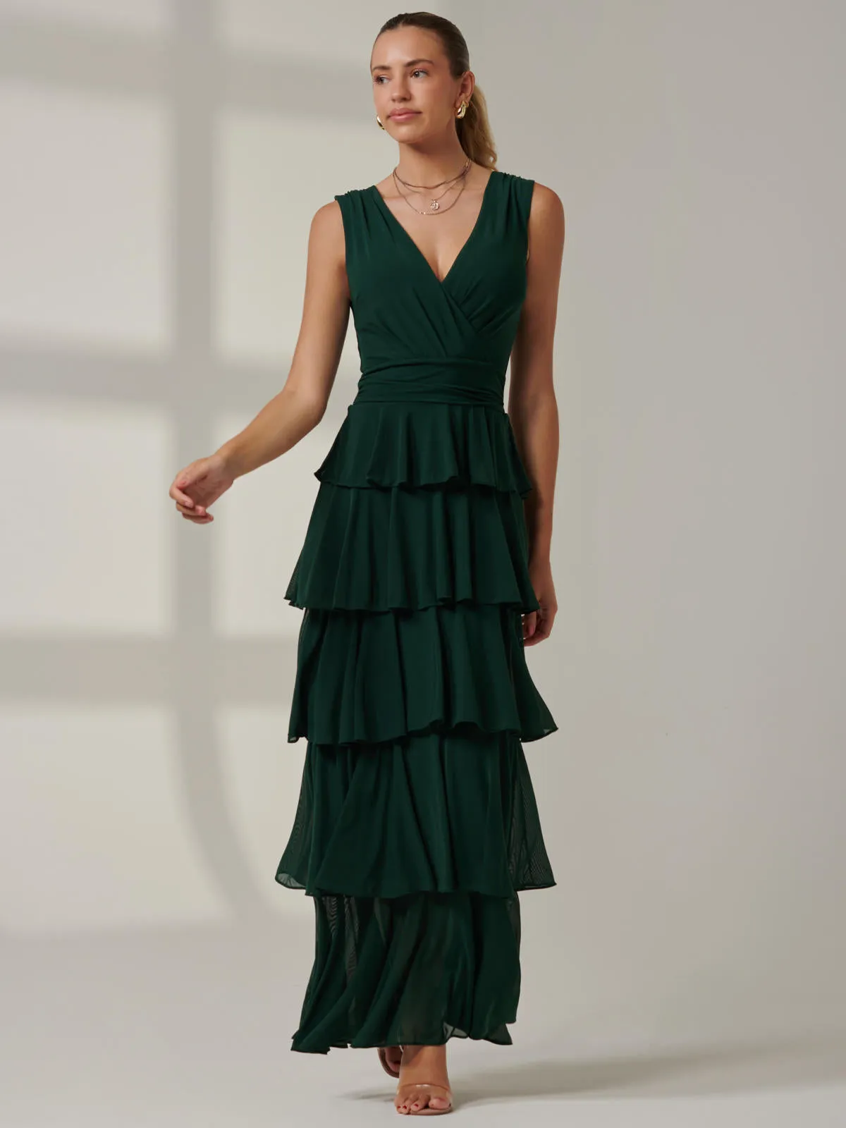 Plain Tiered Mesh Maxi Dress, Dark Green