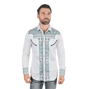 Platini Men's Modern Fit Stretch Aztec Embroidery White Shirt