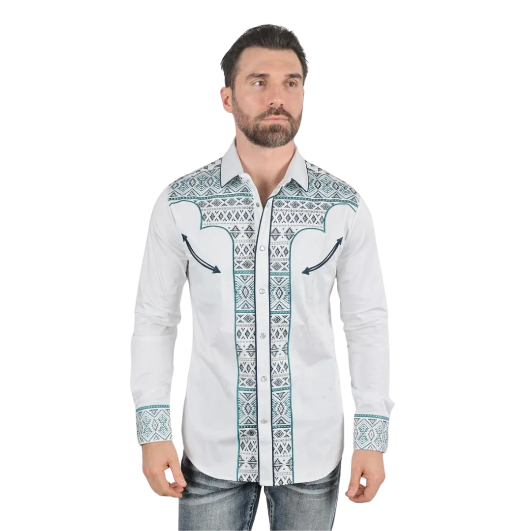 Platini Men's Modern Fit Stretch Aztec Embroidery White Shirt