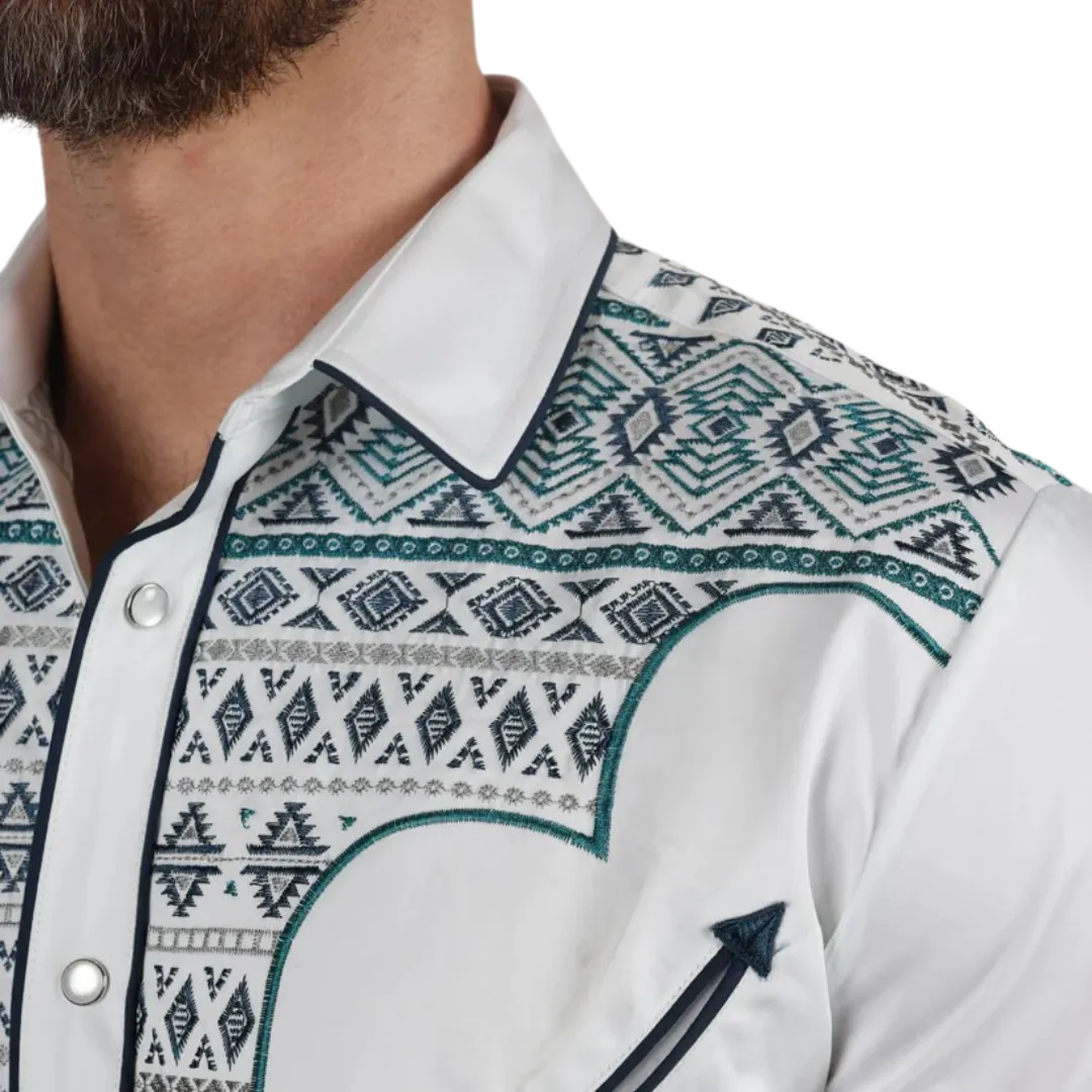 Platini Men's Modern Fit Stretch Aztec Embroidery White Shirt