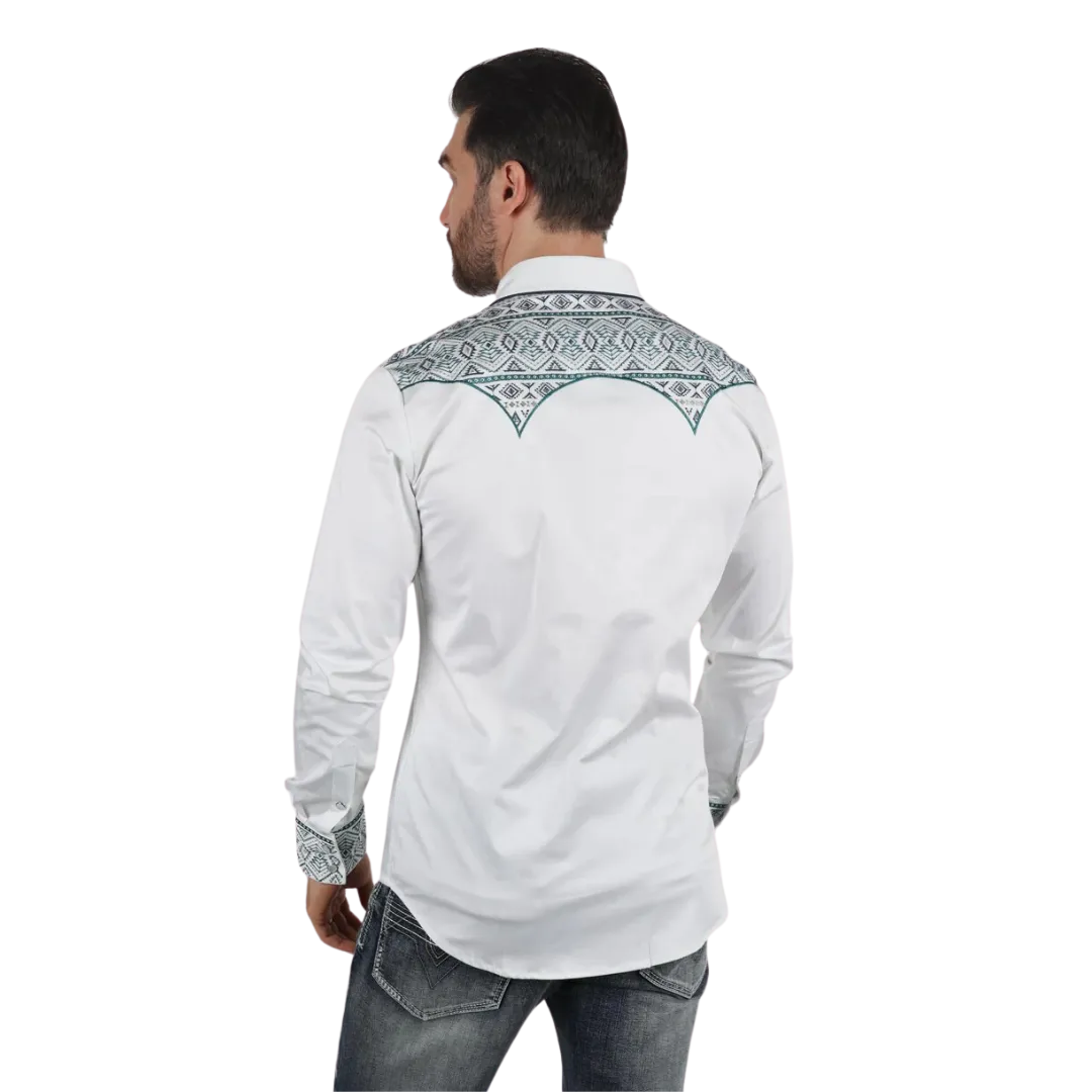 Platini Men's Modern Fit Stretch Aztec Embroidery White Shirt