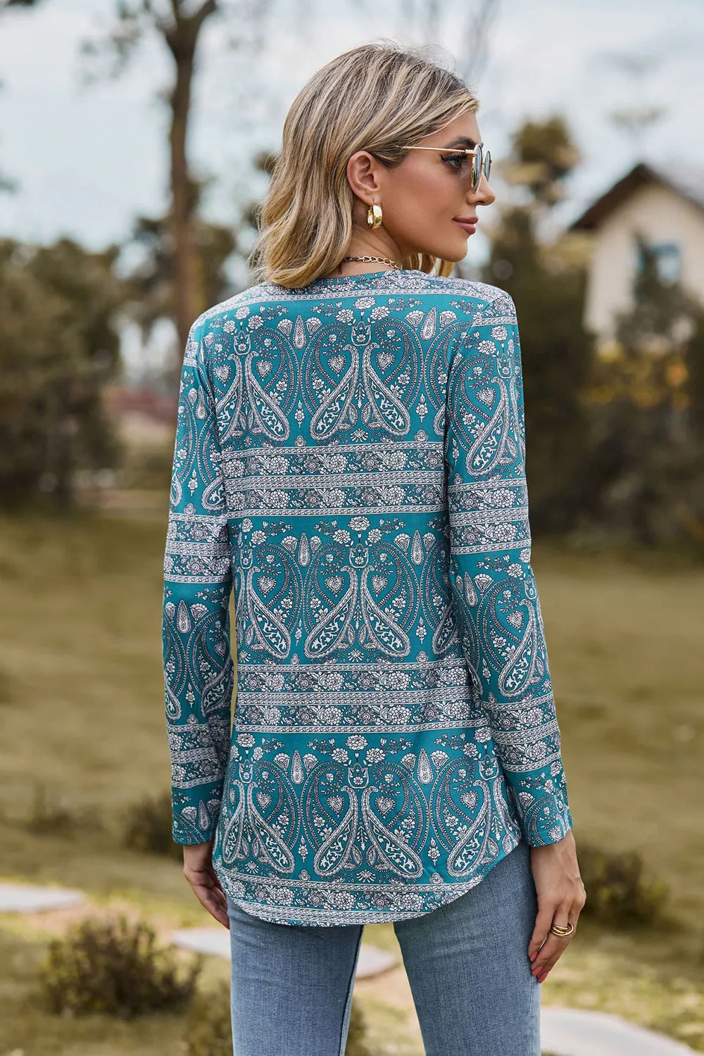 Printed Square Neck Long Sleeve Blouse