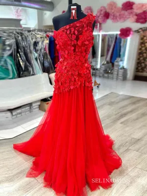 Red One Shoulder Leaf Appliques Mermaid Prom Dress lpk561