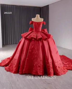 Red Satin Wedding Gown Off the Shoulder 3D Flower Quinceanera Dress 241123