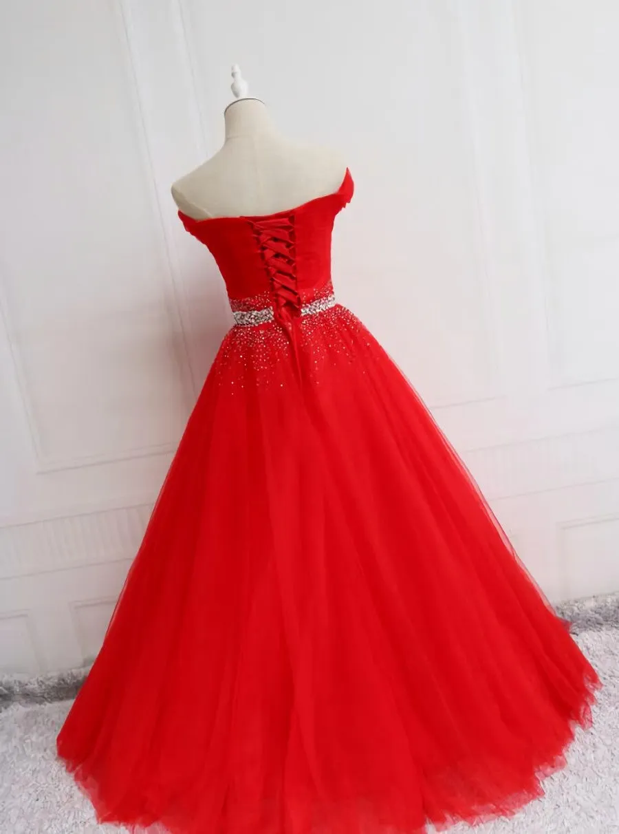 Red Tulle Off Shoulder Long Formal Gown , Red Sweet 16 Dresses