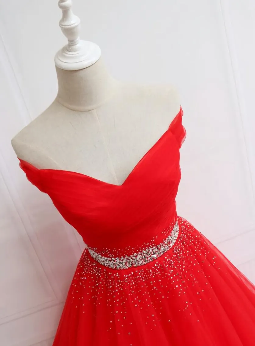 Red Tulle Off Shoulder Long Formal Gown , Red Sweet 16 Dresses