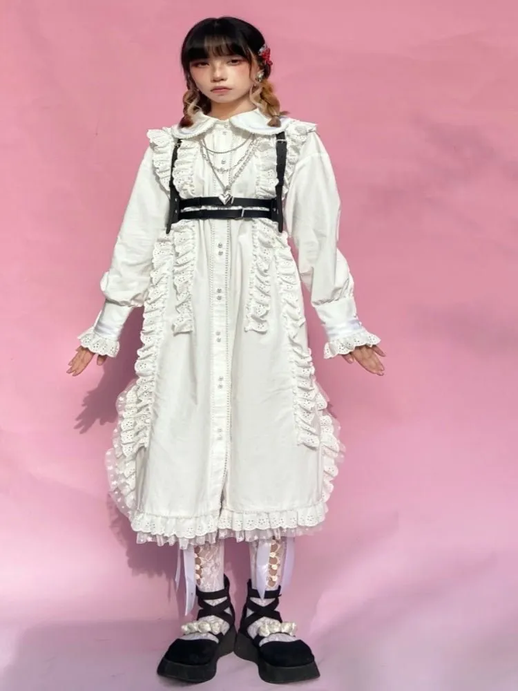 Retro Long sleeved Loose Frill Lace Shirt Dress【s0000000786】