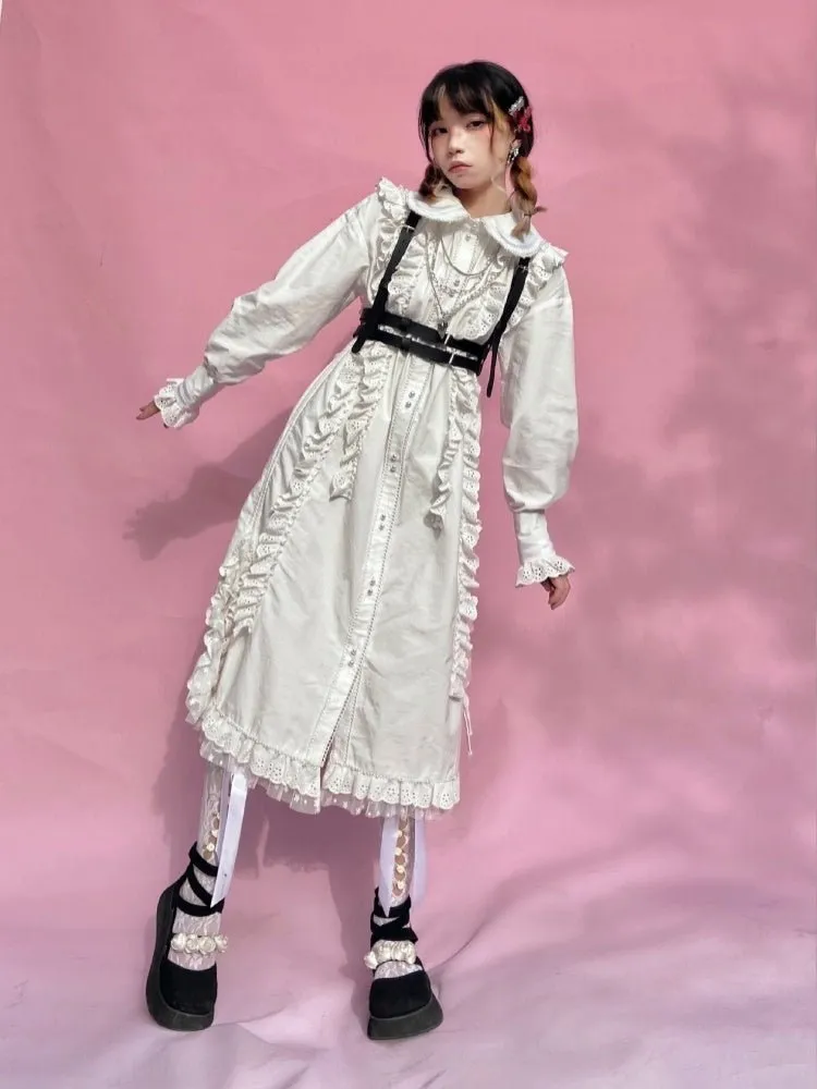 Retro Long sleeved Loose Frill Lace Shirt Dress【s0000000786】