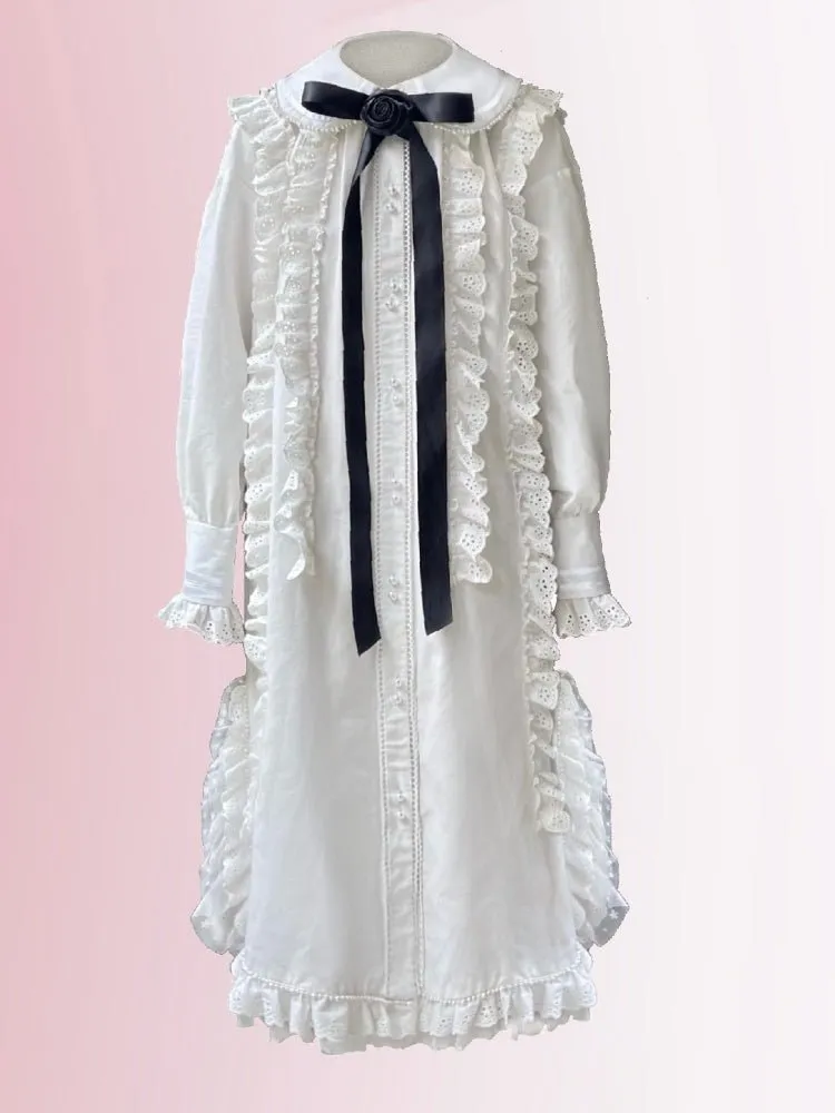 Retro Long sleeved Loose Frill Lace Shirt Dress【s0000000786】