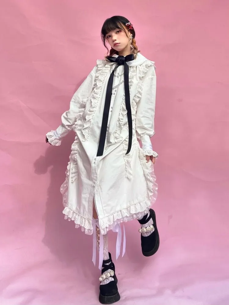 Retro Long sleeved Loose Frill Lace Shirt Dress【s0000000786】