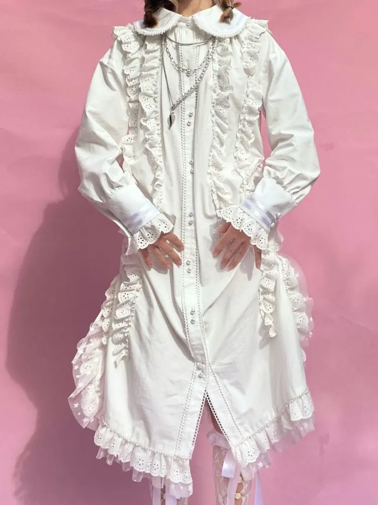 Retro Long sleeved Loose Frill Lace Shirt Dress【s0000000786】