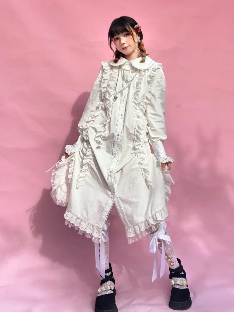 Retro Long sleeved Loose Frill Lace Shirt Dress【s0000000786】