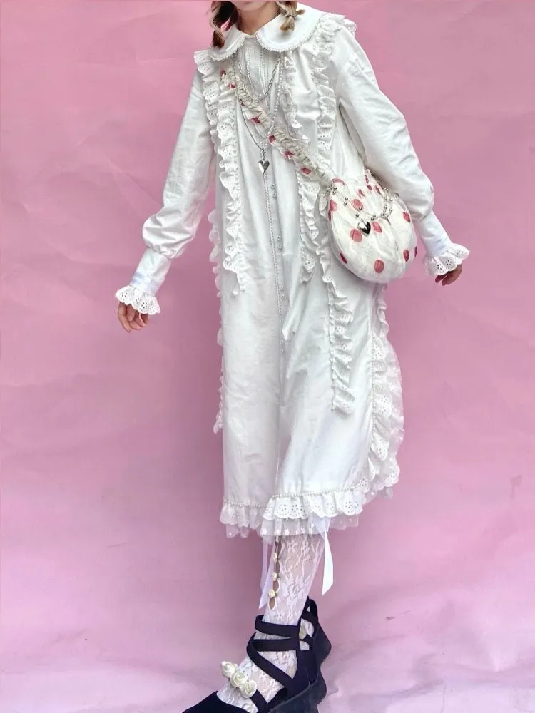 Retro Long sleeved Loose Frill Lace Shirt Dress【s0000000786】