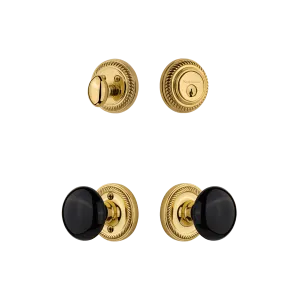 Rope Rosette Entry Set with Black Porcelain Knob in Polished Brass