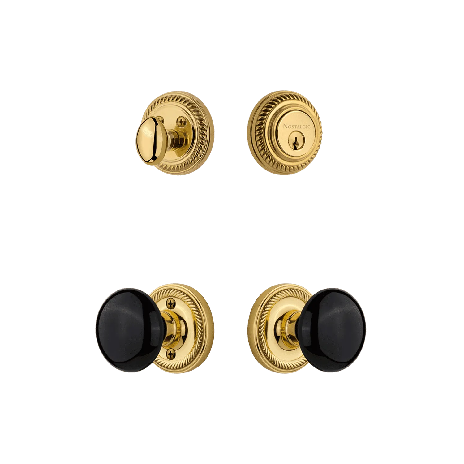 Rope Rosette Entry Set with Black Porcelain Knob in Polished Brass