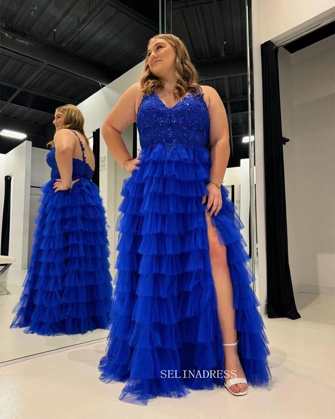 Royal Blue A-line Lace Long Prom Dress With Ruffle Skirt Evening Dress sew1036