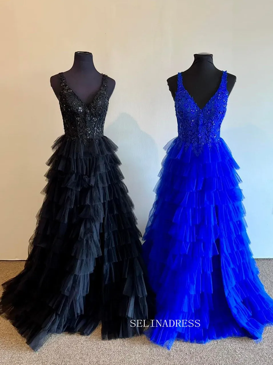 Royal Blue A-line Lace Long Prom Dress With Ruffle Skirt Evening Dress sew1036