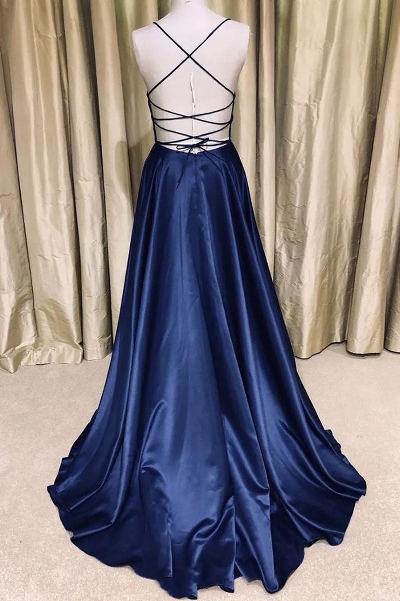 Royal Blue V Neck Backless Satin Long Prom Dresses, Royal Blue Formal Dresses, Backless Royal Blue Evening Dresses