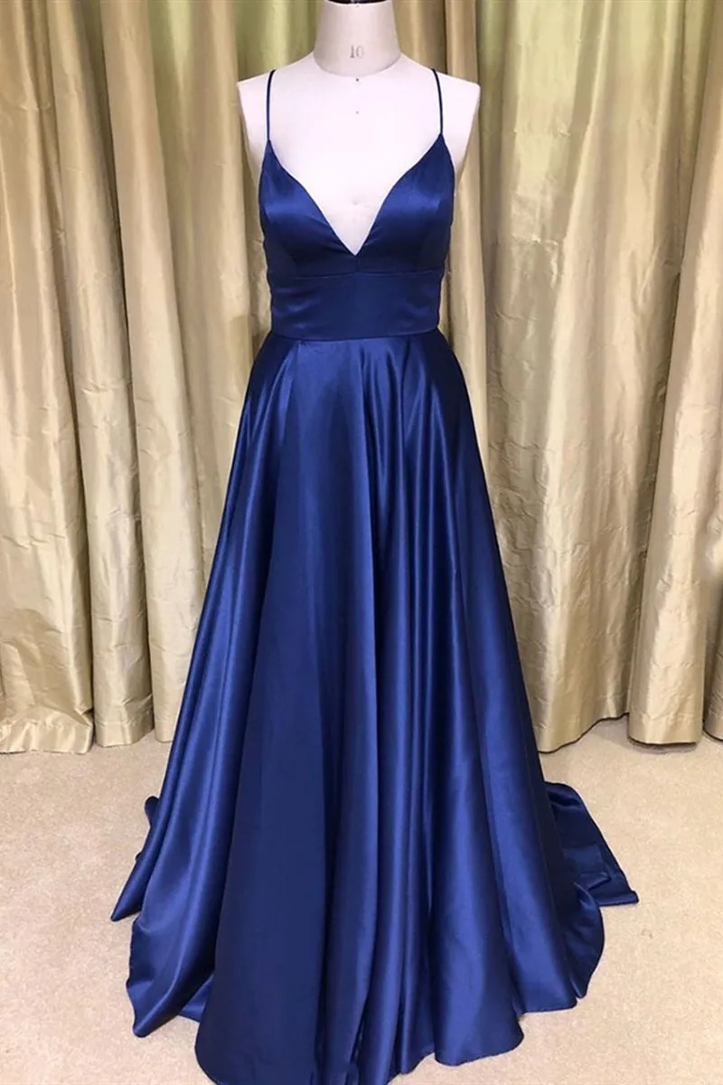 Royal Blue V Neck Backless Satin Long Prom Dresses, Royal Blue Formal Dresses, Backless Royal Blue Evening Dresses