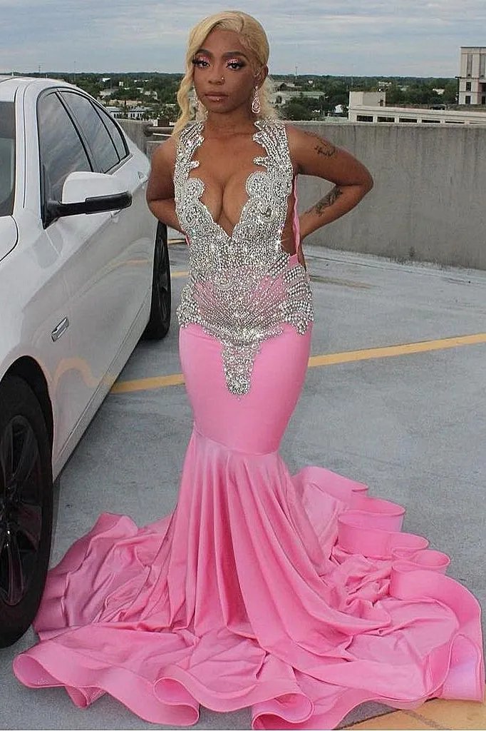 Sexy Pink Mermaid Court Train Prom Dress V-Neck wth Glitter Beads