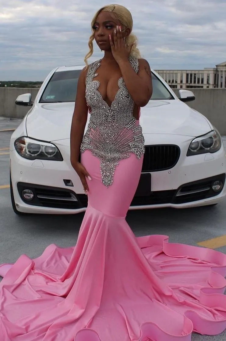 Sexy Pink Mermaid Court Train Prom Dress V-Neck wth Glitter Beads