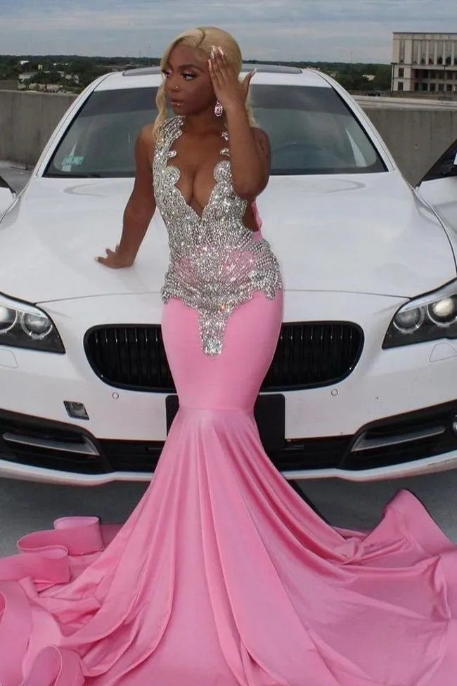 Sexy Pink Mermaid Court Train Prom Dress V-Neck wth Glitter Beads