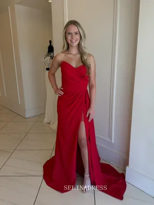 Sheath/Column Strapless Red Long Prom Dress Evening Dress With Split sew1097