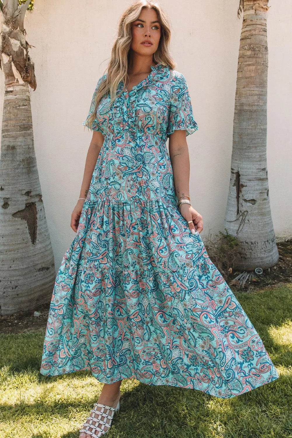 Sky Blue Paisley Print Boho Maxi Dress | Ruffle Tiered Holiday Dress