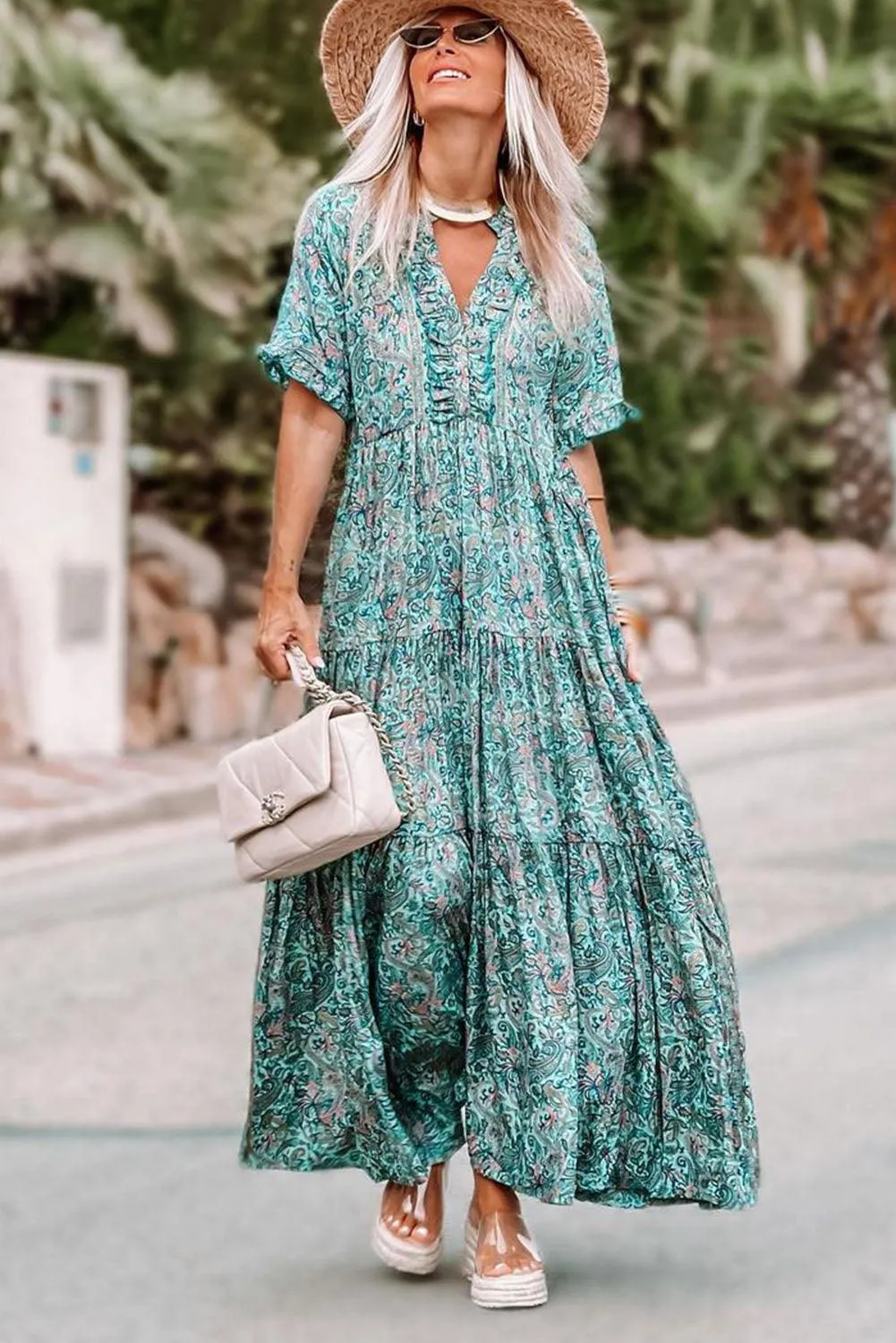 Sky Blue Paisley Print Boho Maxi Dress | Ruffle Tiered Holiday Dress