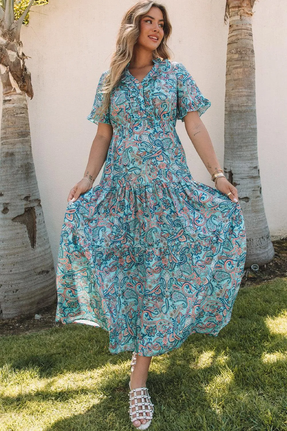 Sky Blue Paisley Print Boho Maxi Dress | Ruffle Tiered Holiday Dress