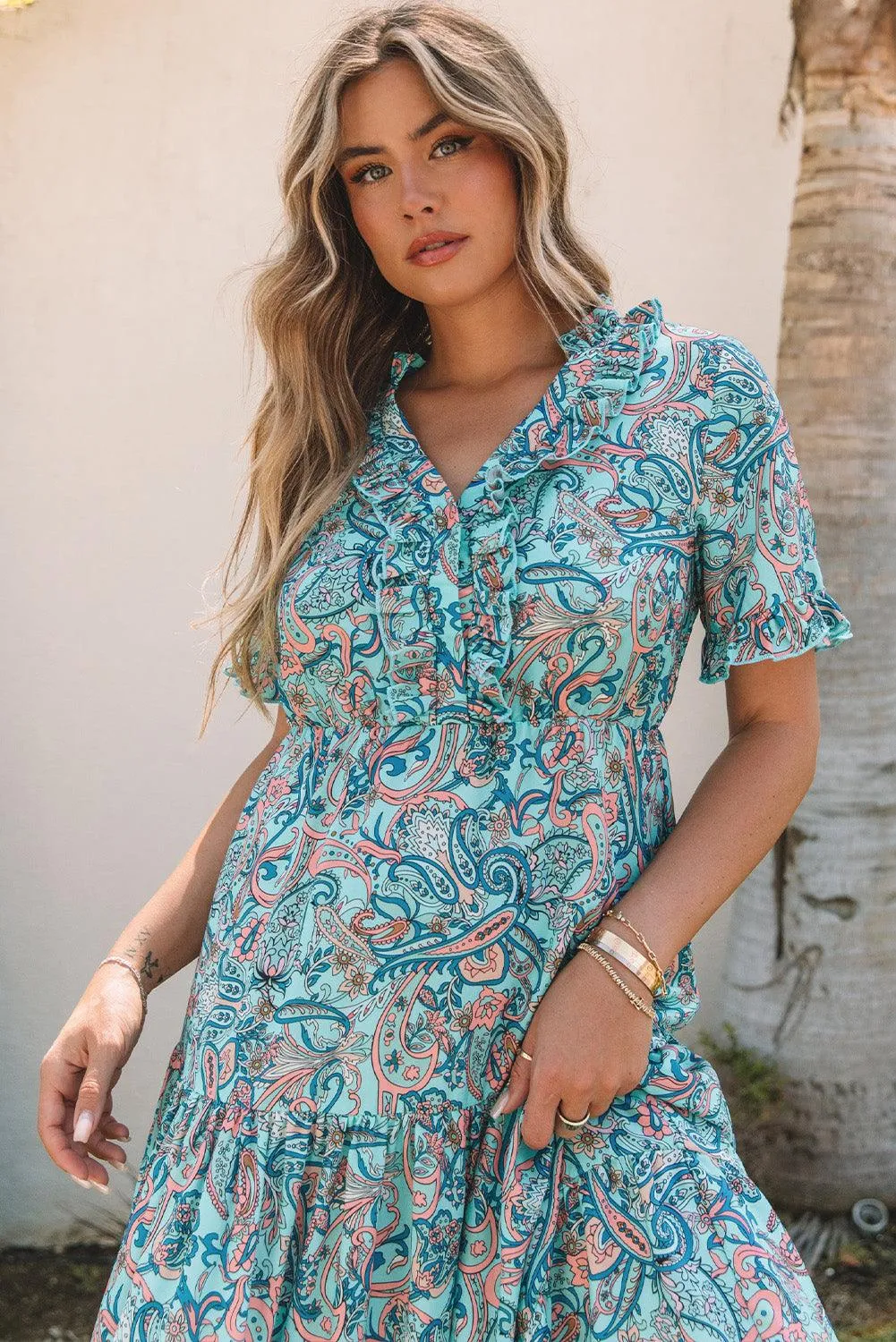 Sky Blue Paisley Print Boho Maxi Dress | Ruffle Tiered Holiday Dress