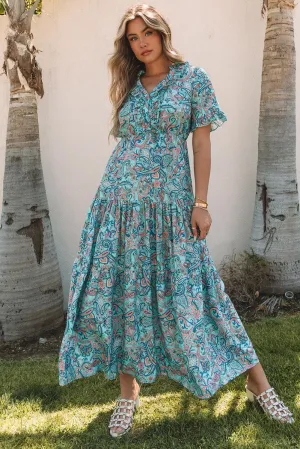 Sky Blue Paisley Print Boho Maxi Dress | Ruffle Tiered Holiday Dress