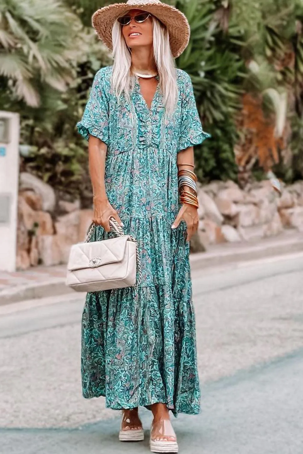 Sky Blue Paisley Print Boho Maxi Dress | Ruffle Tiered Holiday Dress