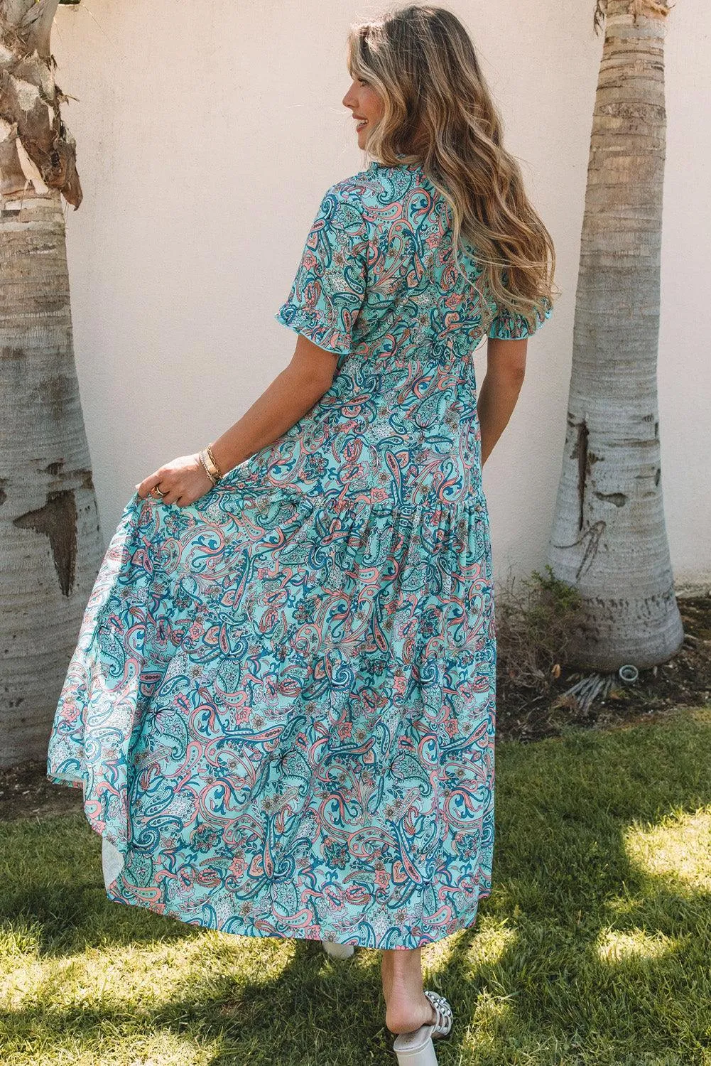 Sky Blue Paisley Print Boho Maxi Dress | Ruffle Tiered Holiday Dress