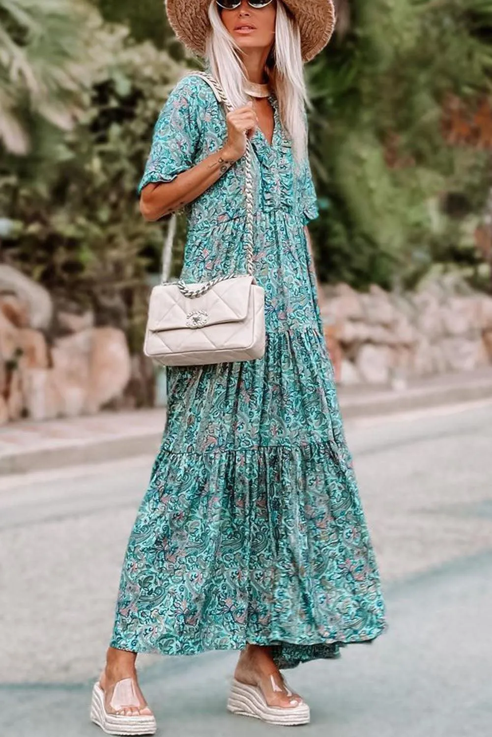 Sky Blue Paisley Print Boho Maxi Dress | Ruffle Tiered Holiday Dress