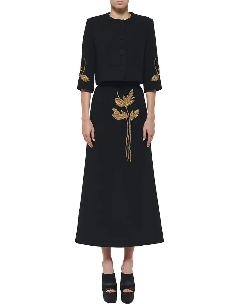 Spliced Embroidered Flares Two Piece Sets For Women Round Neck Half Sleeve Tops High Waist A Line Skirts Elegant Set Female