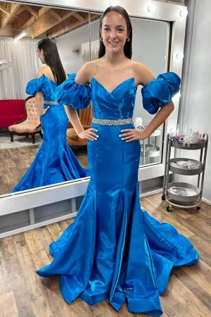 Strapless Blue Balloon Sleeves Mermaid Prom Dress with Jeweled Belt SEW1118