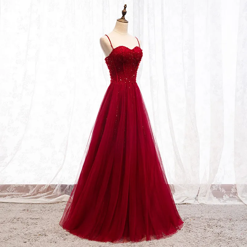 Straps Dark Red Beaded Sweetheart Long Formal Dress, Junior Prom Dress