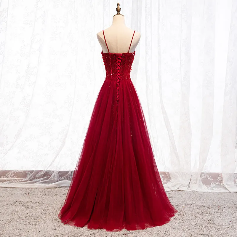 Straps Dark Red Beaded Sweetheart Long Formal Dress, Junior Prom Dress