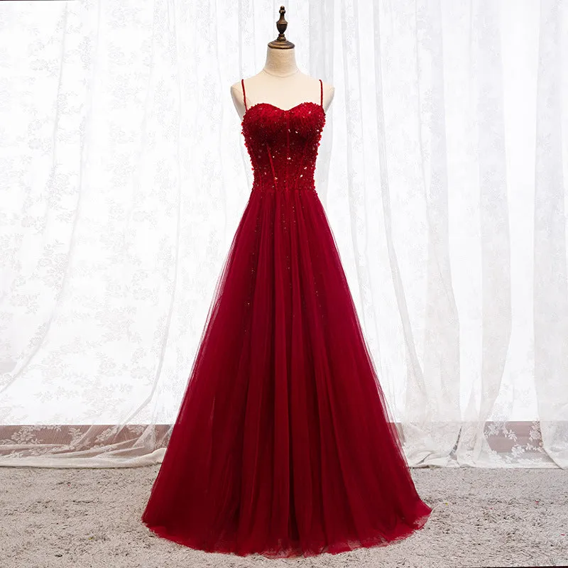 Straps Dark Red Beaded Sweetheart Long Formal Dress, Junior Prom Dress