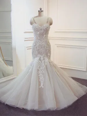 Stunning Long Mermaid Spaghetti Strap Lace Wedding Dresses