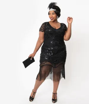 Unique Vintage Plus Size 1920s Black Beaded Fringe Aurore Flapper Dress