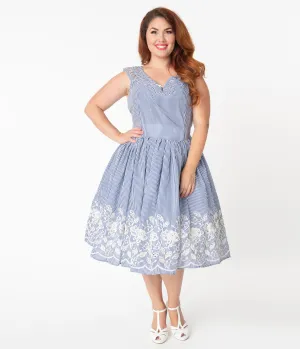 Unique Vintage Plus Size 1950s Navy & White Stripe Embroidered Olive Swing Dress