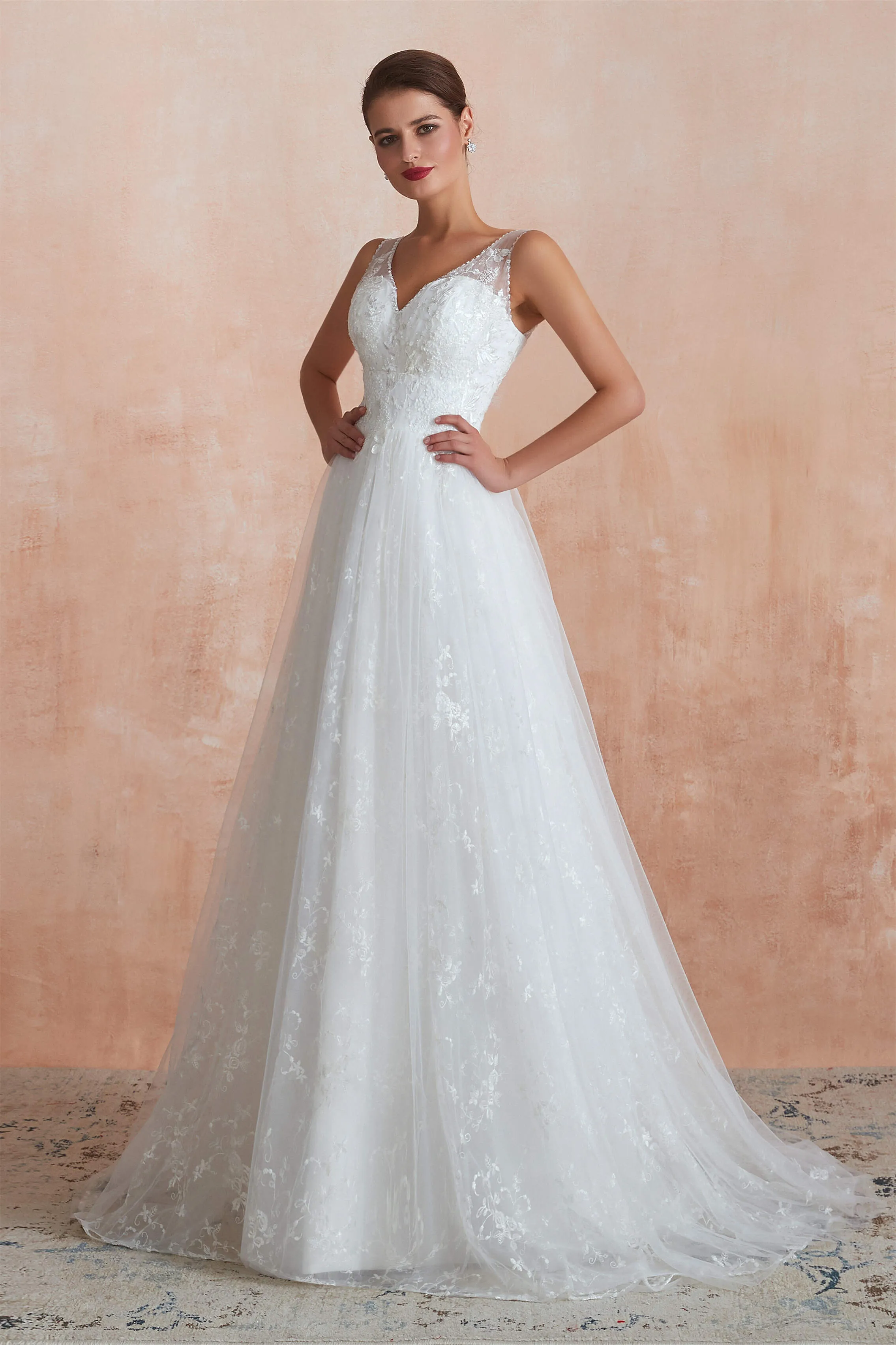 V-Neck Lace Pleated White A-Line Wedding Dresses