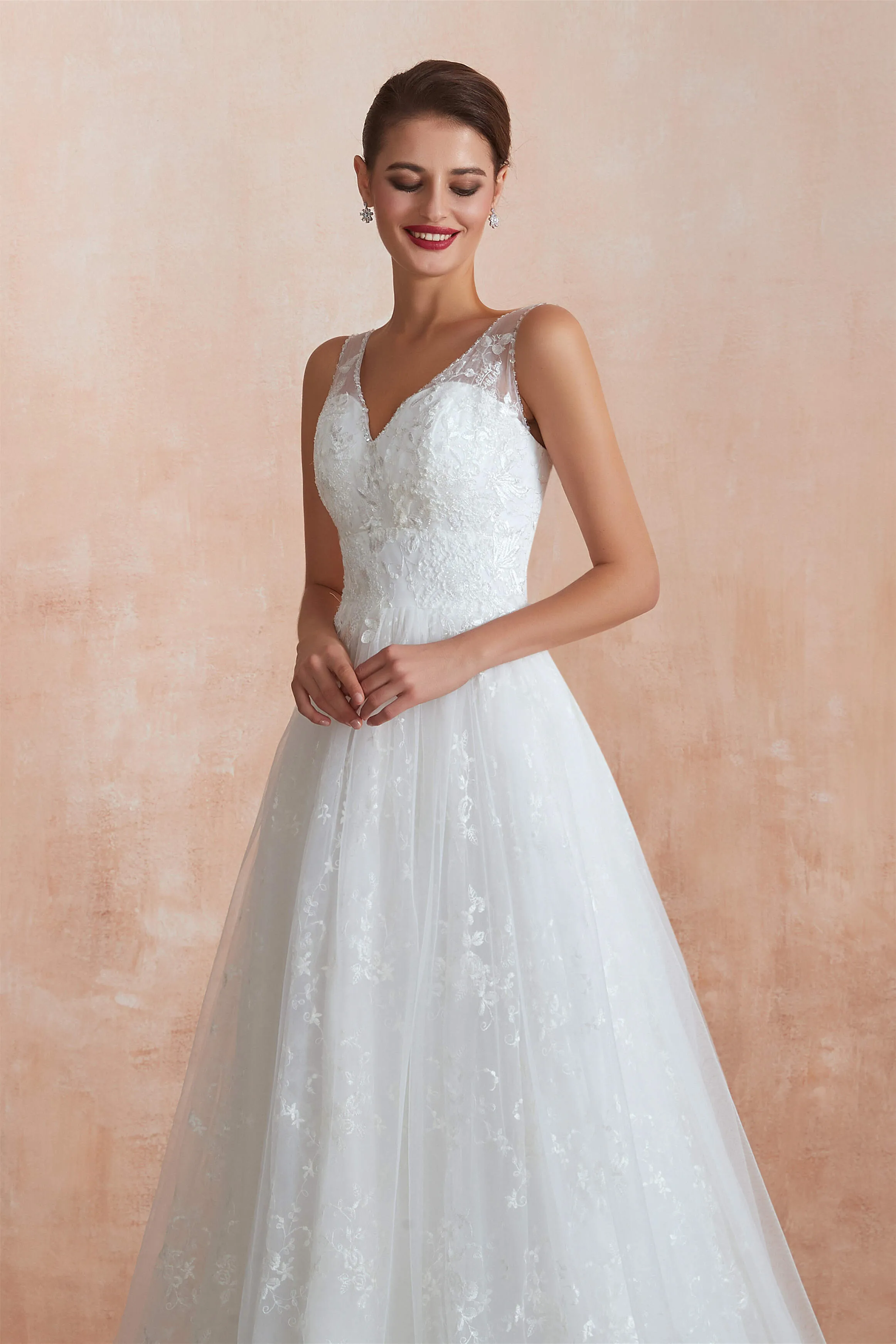 V-Neck Lace Pleated White A-Line Wedding Dresses