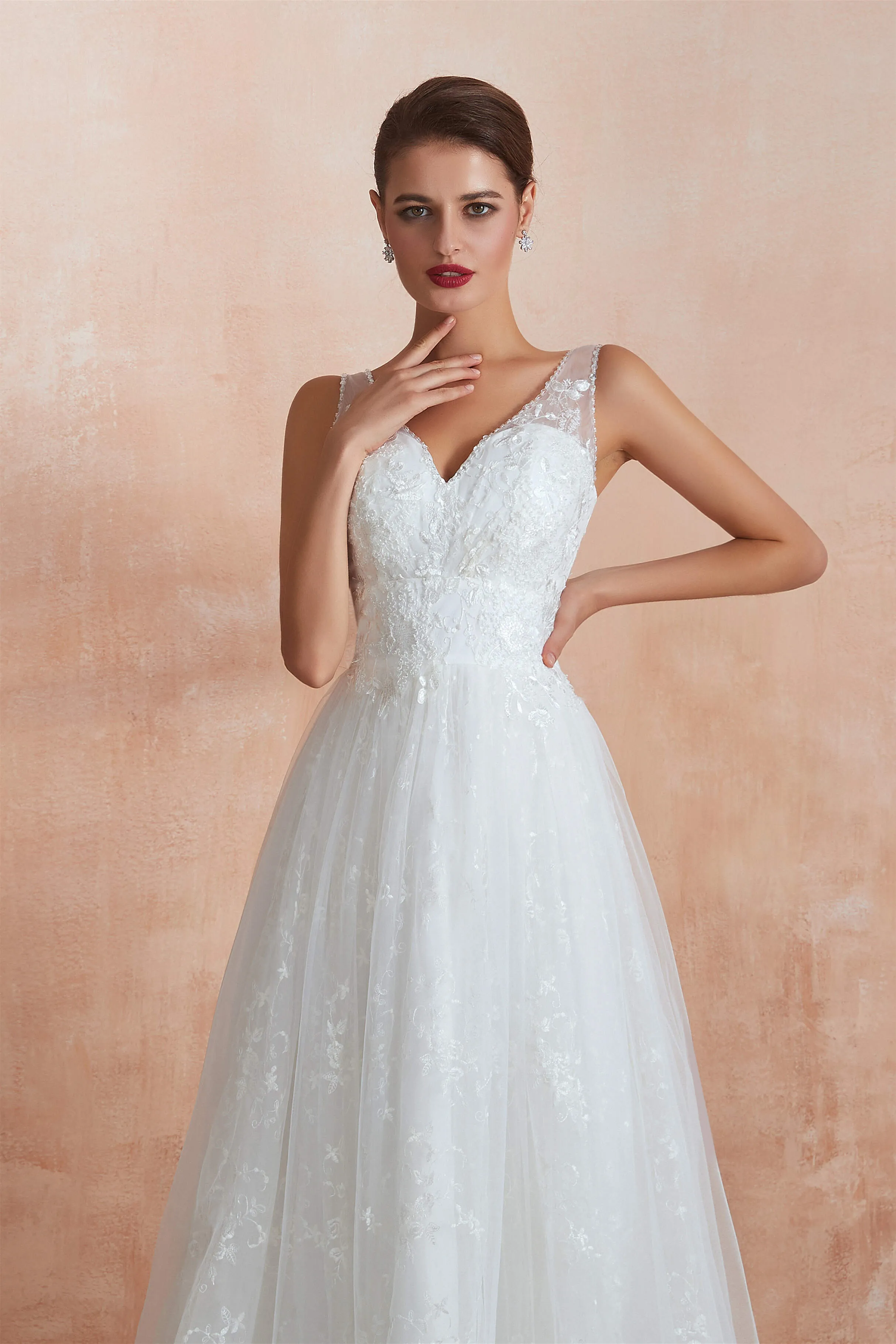 V-Neck Lace Pleated White A-Line Wedding Dresses