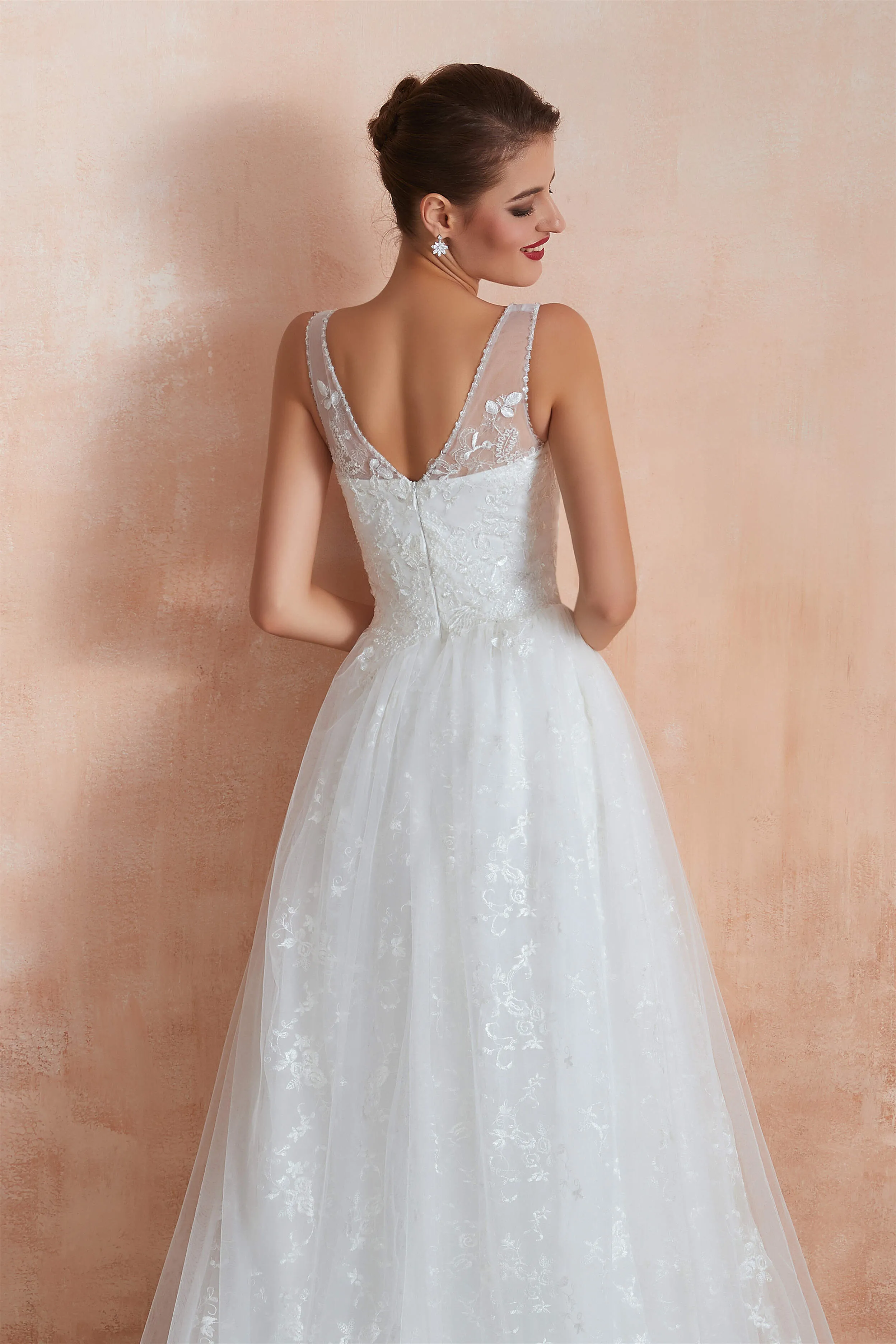 V-Neck Lace Pleated White A-Line Wedding Dresses