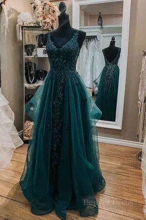 V Neck Open Back Dark Green Lace Beaded Long Prom Dresses Dark Green Lace Formal Dresses Dark Green Evening Dresses