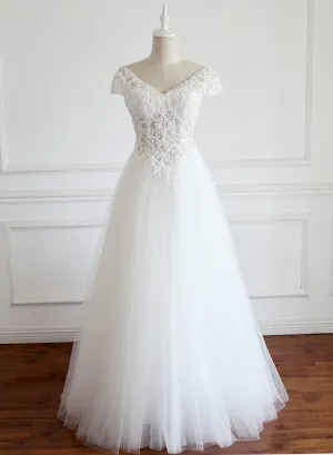 White Lace Cap Sleeves Tulle Floor Length Party Dress A-line White Wedding Dresses