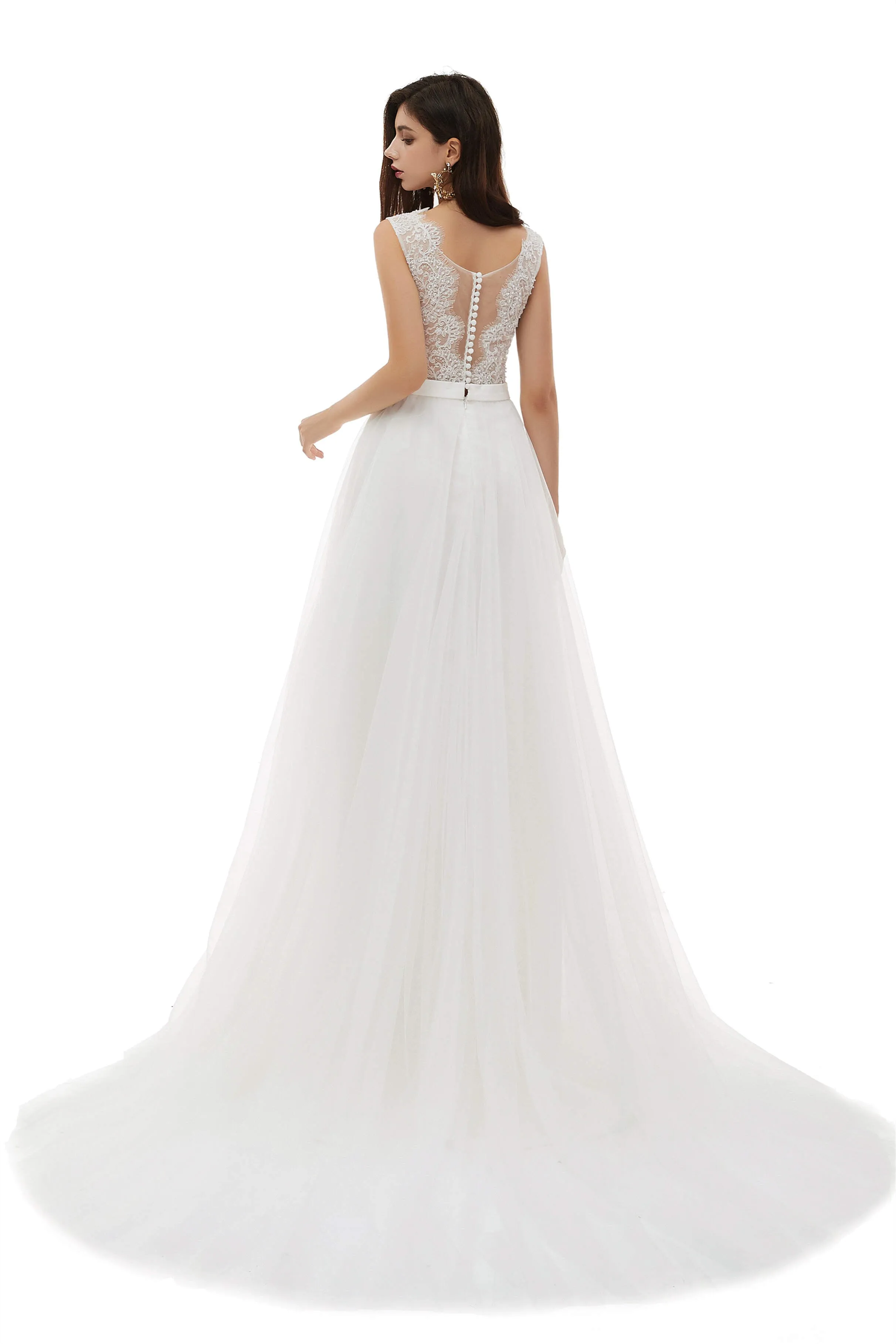 White Tulle Scoop Neck Lace Appliques Beading Wedding Dresses